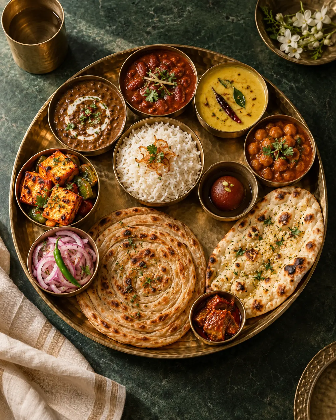 Premium Punjabi vegetarian thali with naan, paratha, rice and curries